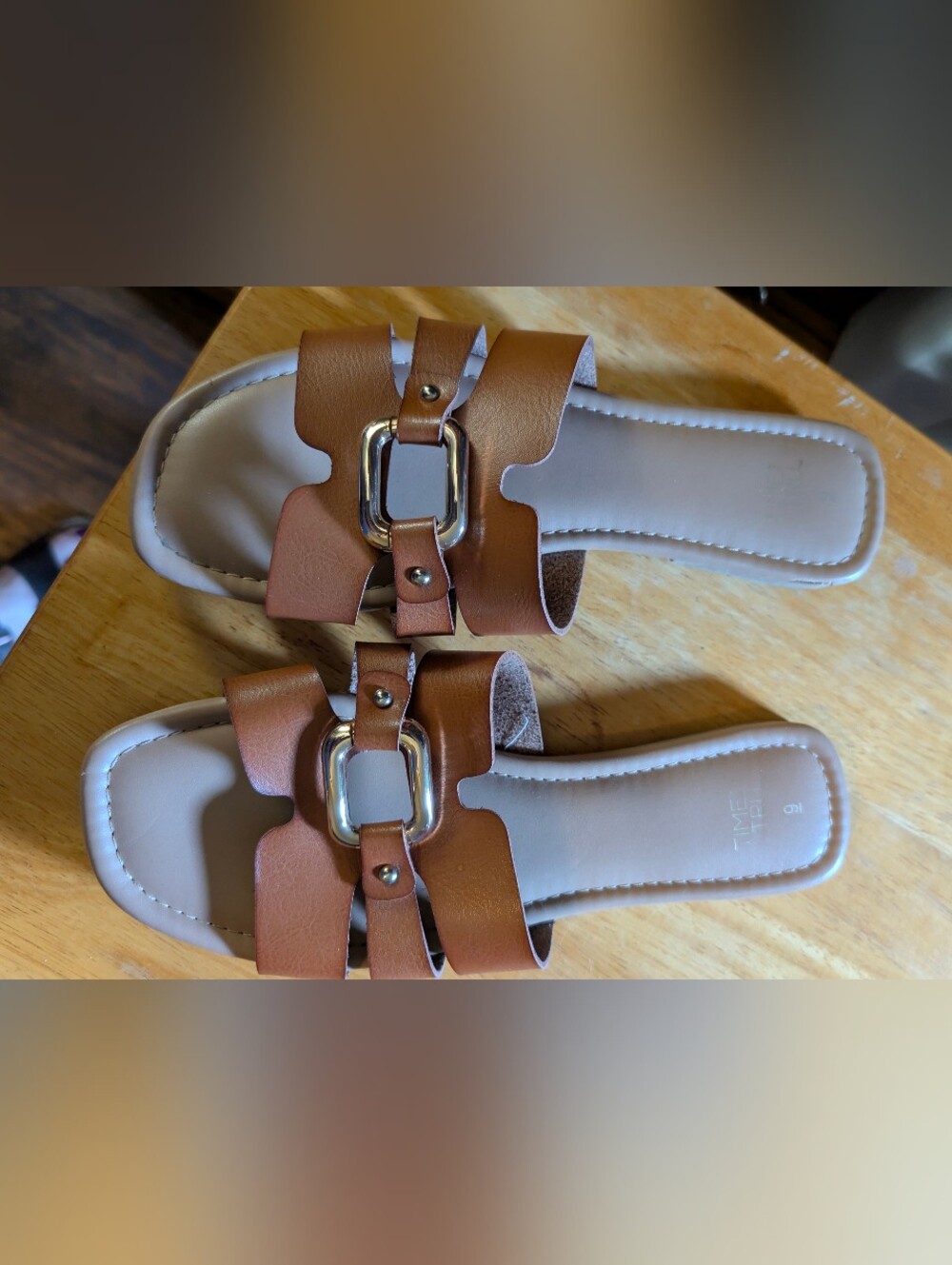 Time and Tru Brown Leather-Look Slide Sandals with Gold Buckle